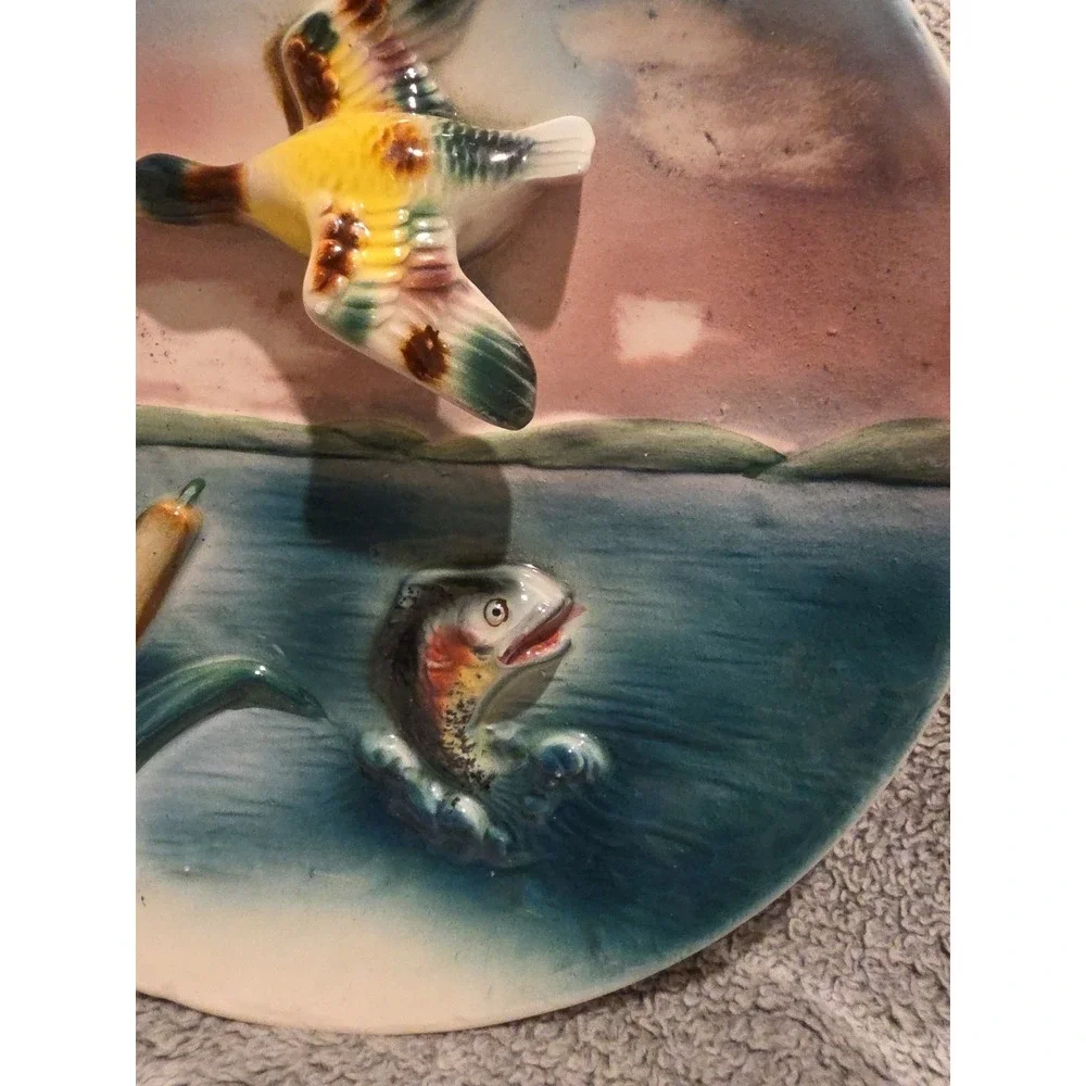 Vintage Mallard Fish 3D Decorative‎ Hanging Plate 8 Inches Duck Scenery